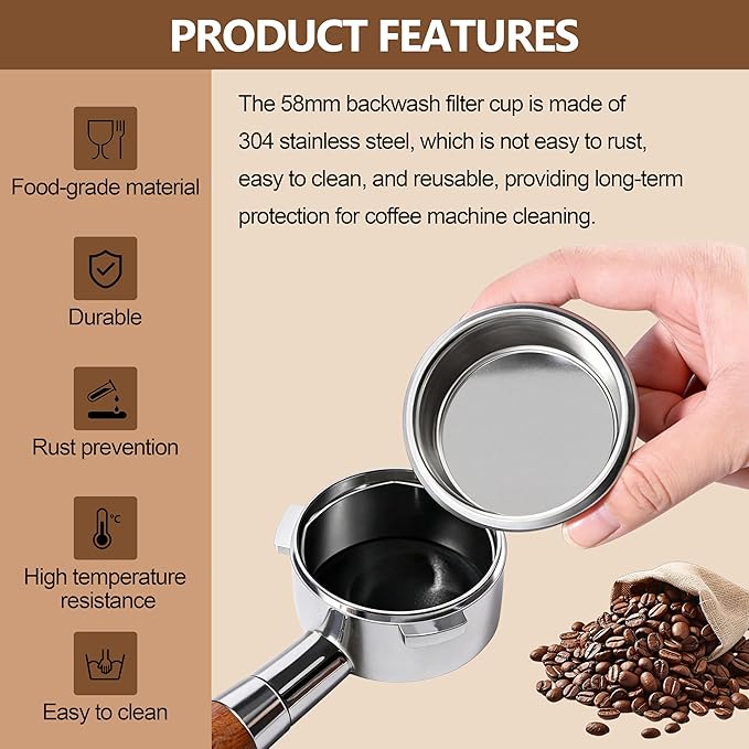 58mm Backflush Inser, Blind Portafilter Basket Backflush Filter Espresso, Stainless Steel Back Flush Blind Filter Basket Fits for Rancilio Espresso Machines Espresso Cleaning Disc(1pack)