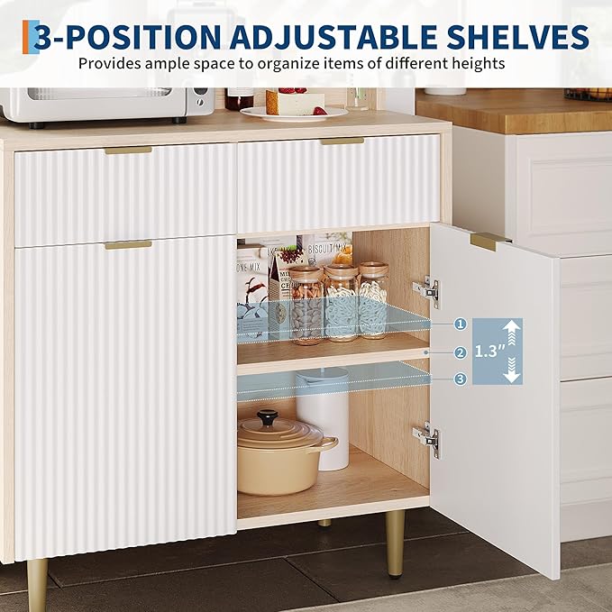 GarveeHome Fluted Sideboard Buffet Cabinet with Storage, Small Modern Coffee Bar Cabinet with Adjustable Shelves & 2 Drawers, Wood Buffet Console Table for Kitchen Dining Room Living Room