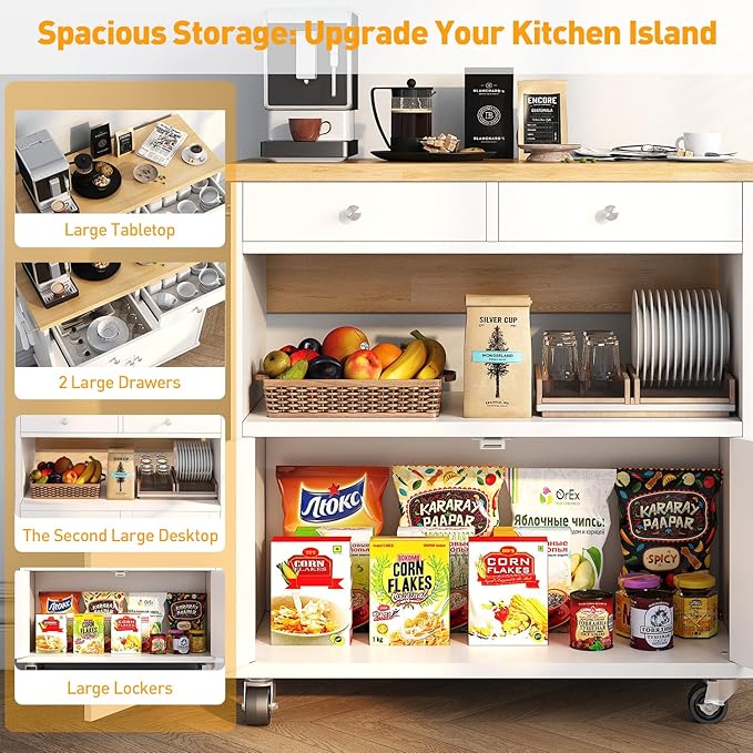 Rolling Kitchen Island with Folding Drop Leaf Breakfast Bar, 35.4'' W Kitchen Cart with Storage Cabinet and 2 Drawers, Portable Mobile Kitchen Island Table with Towel Rack, Lockable Wheels, White