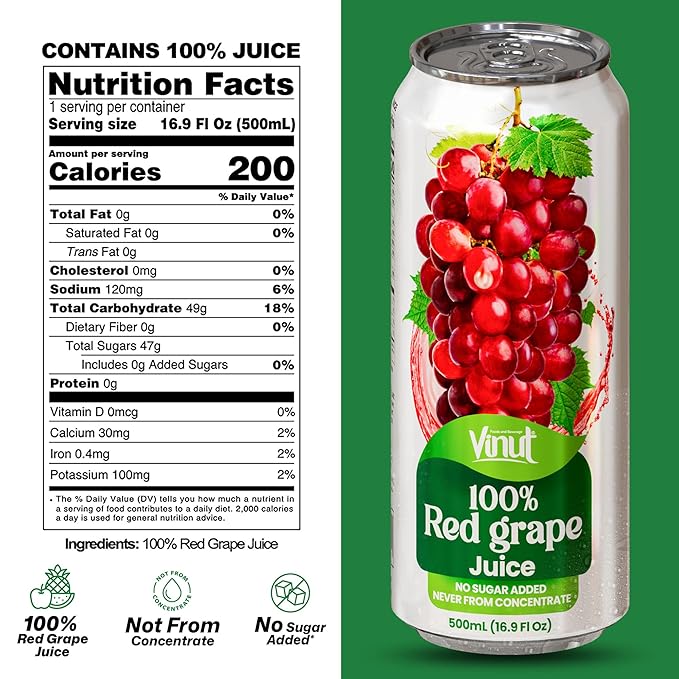 VINUT 100% Red Grape Juice, No Added Sugar, Not From Concentrate, 16.9 fl oz (500 mL) Can, Pack of 12