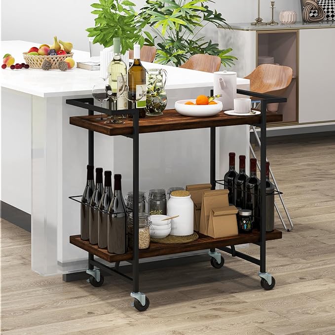 GOFLAME Bar Cart for Home, 2-Tier Kitchen Cart with Lockable Wheels and Anti-Fall Guardrail, Bar Serving Cart with Metal Frame, Rolling Beverage Storage Cart for Dining Room, Living Room
