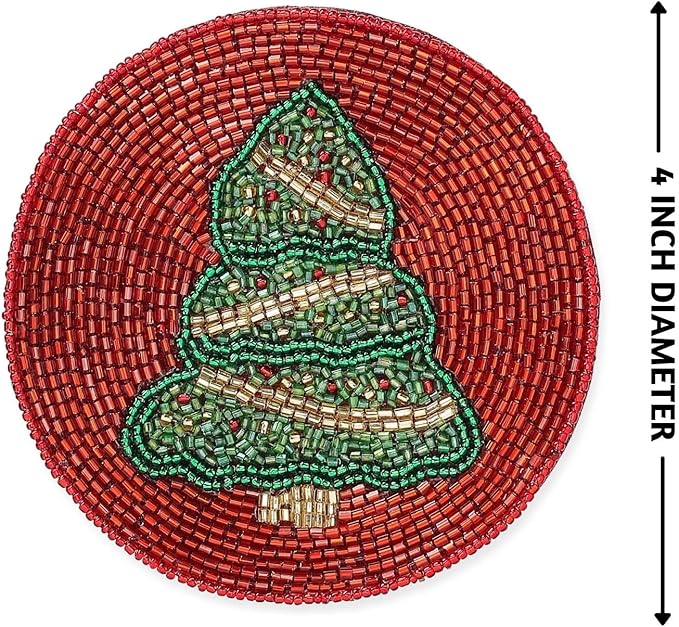Folkulture Hand-Crafted Holiday Magic Beaded Coasters Set of 4 | Handmade Round Drink Coasters for Coffee Table & Bar | Boho Table Décor | Housewarming, Valentine Gifts