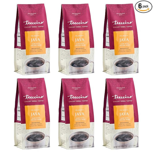 Teeccino Java Chicory Coffee Alternative - 11 Ounce - Ground Herbal Coffee That’s Prebiotic, Caffeine Free & Acid Free, Medium Roast, (Pack of 6)
