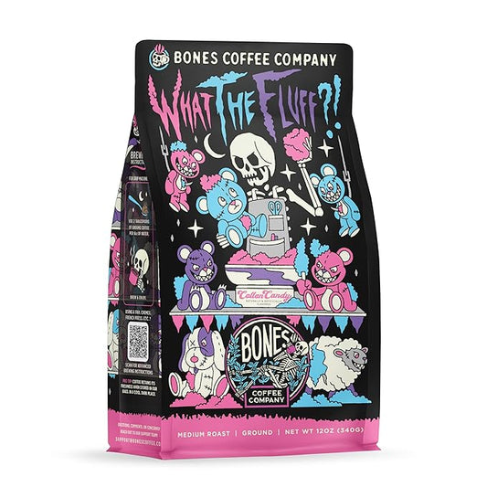 Bones Coffee Company What the Fluff?! Berry Cotton Candy Flavored Coffee, Medium Roast Low Acid Arabica Beans Compatible with Auto drip and French Press Coffee Maker, 12 Oz Ground