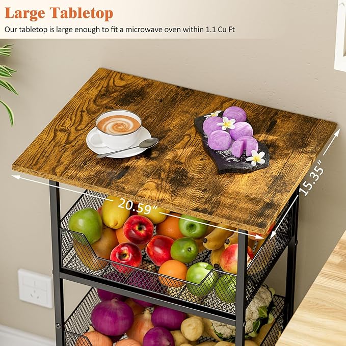 Kitchen Microwave Cart with Fruit Baskets, 4 Tier Microwave Table Stand with Storage, Kitchen Storge Shelf on Wheels Small Rolling Cart Organizer Rack for Pantry, Living Room, Bathroom