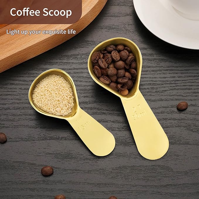 2 Pieces Stainless Steel Coffee Scoops Set(1 Tbsp,2 Tbsp) Durable Coffee Spoons with Ergonomic Handle Measuring Tablespoon for Canisters Tea Sugar Ground Coffee Whole Bean Milk Powder Flour (Golden)