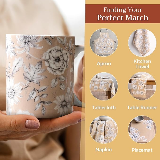 Maison d' Hermine Coffee Mug with Handles Fine Bone China Mugs Pack of One Tea Cups for Hot Beverages Cappuccino Latte Home Restaurant Office Perfect for Gift (Pretty Autumn - Pretty Mono, 15 Ounce)