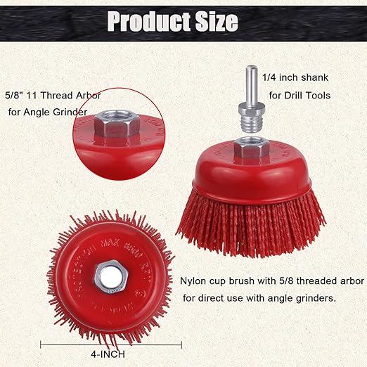 4 Inch Abrasive Filament Nylon Cup Brush for Angle Grinder, 5/8" 11 Thread Corrosion, Paint, for Surface Pre-Treatment of Various Metals (5 Pack)