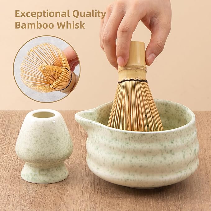 5pcs Premium Matcha Set,Ceramic Bowl with Spout and Bamboo Whisk set, Ceremonical Matcha Kit for breakfast/latte,Tea Starter Making Kit,Unique Matcha Gift set (green)