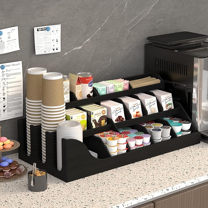 Suli Exact Large Coffee Station Organizer,Wooden Countertop Pods Holder with Drawer,Storage for Condiment Syrup Tea Cups,Rustic Bar Decor for Accessories Organizer (3 Tiers 18 Compartments)-Black