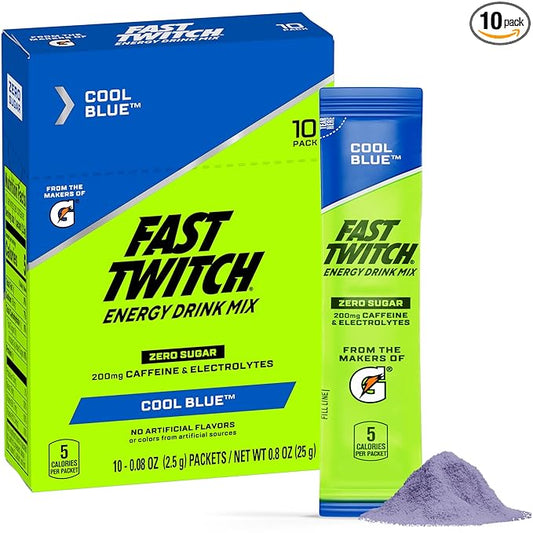 Fast Twitch Energy Drink Mix from Gatorade Powder Sticks, Cool Blue, 0.08oz Packets, 10 Pack, Zero Sugar, Caffeine, Electrolytes