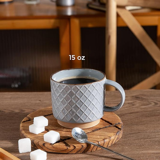 GBhome 15OZ Stackable Coffee Mugs, Ceramic Coffee Mugs with Texture Patterns for Man,Woman,Dad,Mom, Modern Coffee Cups Set of 4 for Latte/Cappuccino/Cocoa. Dishwasher&Microwave Safe, Gray