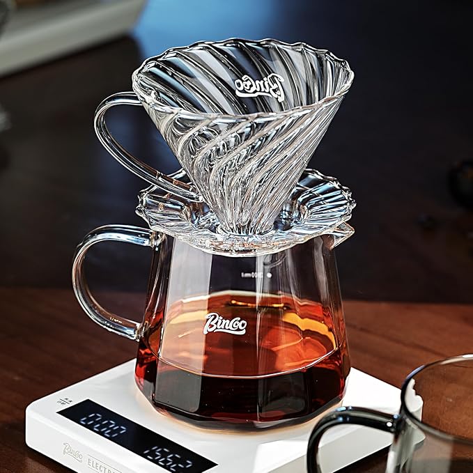 Bincoo Pour Over Coffee Maker Set, V-shape 60° Cone Drip Coffee Maker, Included 16oz Borosilicate Glass Coffee Carafer and Size 02 Coffee Dripper & 50 Pcs Paper Filter (16oz-Clear)