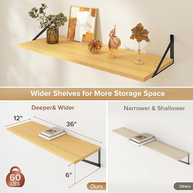 Deep Floating Shelves Wall Mounted, 36"x12" Oak Wall Shelves with Brackets Set of 2 for Bedroom, Living Room, Bathroom, Kitchen, Office - Storage & Display Shelf for Decor, Books, Plants