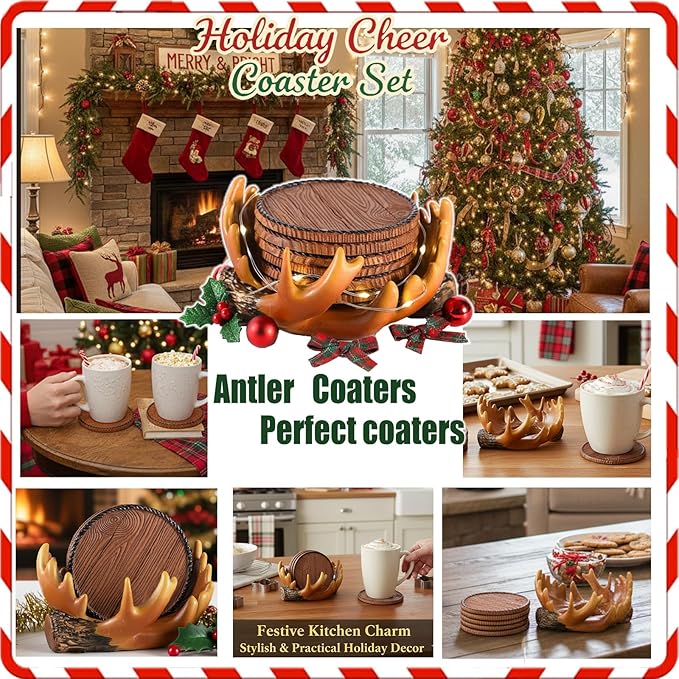 Deer Antler Coasters Set 6 Full Size Non-Slip Cabin Decor Bar Coasters, Indoor Christmas Decorations, Man Cave Gifts for Men and Deer Lovers, Rustic Handmade Cup Coaster for The Home