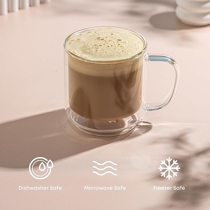 JoyJolt Haven Stackable Double Wall Glass Mugs, Set of 2 (13.5oz) Insulated Coffee Cups, Double Wall Glass Coffee Cups, Tea Cups, Latte Cups, Cappuccino Cups, Clear mugs set of 2