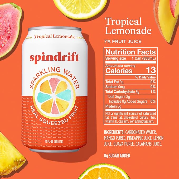 Spindrift Sparkling Water, Tropical Lemonade Flavored, Made with Real Squeezed Fruit, 12 Fl OZ Cans, Pack of 24 (Only 13 Calories per Can)
