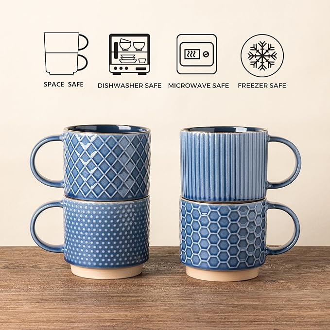 GBhome 12 OZ Stackable Coffee Mugs Set of 6, Ceramic Coffee Mugs with Texture Patterns for Man,Woman,Dad,Mom, Modern Coffee Cups for Latte/Cappuccino/Cocoa. Dishwasher&Microwave Safe