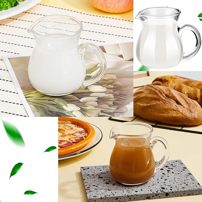 Suclain 8 Pcs 4 oz Glass Creamer Pitcher Transparent Milk Pourer Mini Milk Pitcher Small Glass Pitchers Mini Carafe Coffee Mug Coffee Pot Creamer Pitchers for Tea Syrup (Handle Style)