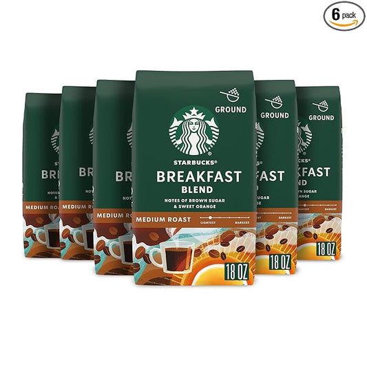 Starbucks Ground Coffee, Medium Roast Hot or Iced Coffee, Breakfast Blend, Six 18 oz Bags
