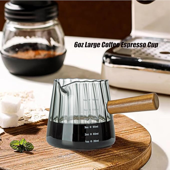 FANTESTICRYAN 6OZ Measuring Cup, Ribbed Borosilicate Glass Espresso Cup, V-Shaped Spout Drain Espresso Double Shots, Coffee Milk Tea Accessories (Dark Gray, Wood Handle)