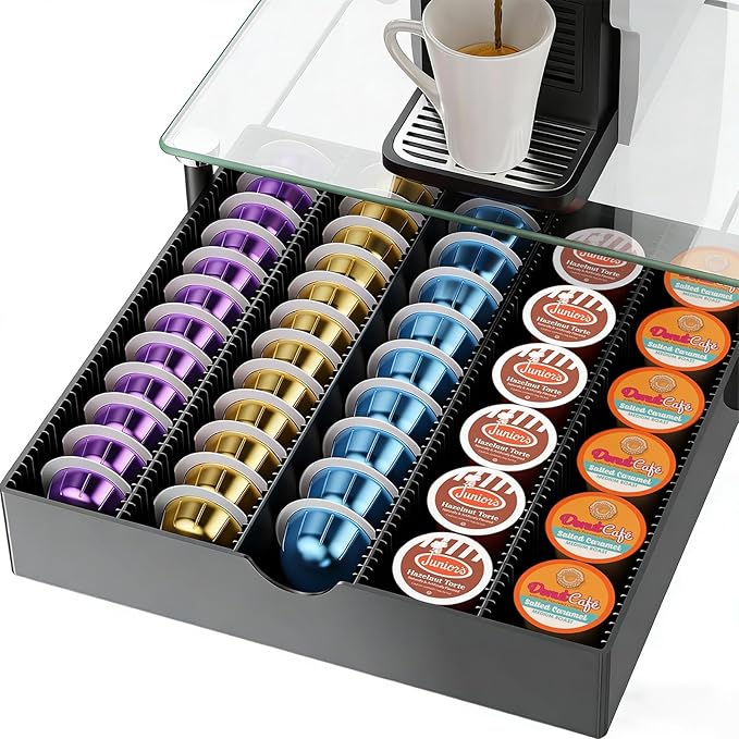 gianotter Crystal Tempered Glass Vertuo Pod Holder Drawer, Compatible with Nespresso Vertuo Capsules, Compatible with 40 Large or 60 Small Nespresso Capsule Organizer (transparent)