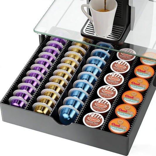 gianotter Crystal Tempered Glass Vertuo Pod Holder Drawer, Compatible with Nespresso Vertuo Capsules, Compatible with 40 Large or 60 Small Nespresso Capsule Organizer (transparent)