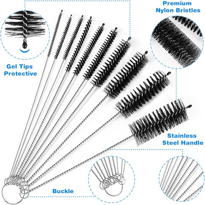 Cleaning Brushes Set, 10 Pieces 8 Inch Nylon Tube Brush + 60 Inch Flexible Long Drain Brush, Hose Pipe Brush, Suitable for Home Kitchen, Bathroom, Fish Tank, Water Pump Accessories (Black)
