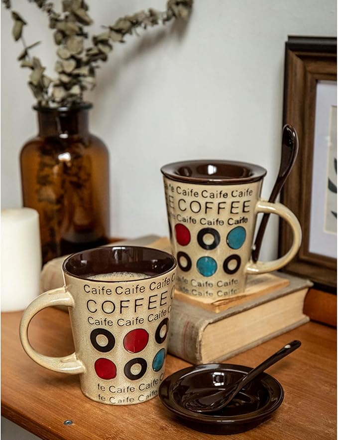 Ceramic Coffee Cup with Spoon and Lid, 12 oz Coffee Mug, Microwave Dishwasher Safe, Cup for Latte, Hot Tea, Cappuccino, Farmhouse Mug Novelty Rustic Glaze Cup, Christmas Gift Letter Khaki