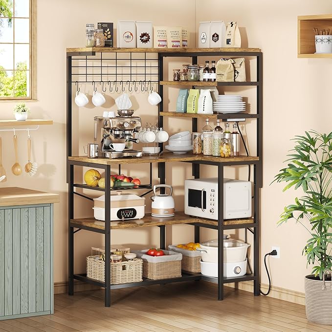 iabifo L-Shaped Bakers Rack with Power Outlet, 6-Tier Microwave Stand with Open Storage, Coffee Bar with Hooks, Mesh Grid, Kitchen Shelf with Wire Basket, Rustic Brown and Black