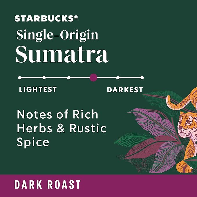 Starbucks Whole Coffee Beans, Dark Roast Hot or Iced Coffee, Single-Origin Sumatra, Six 12 oz Bags