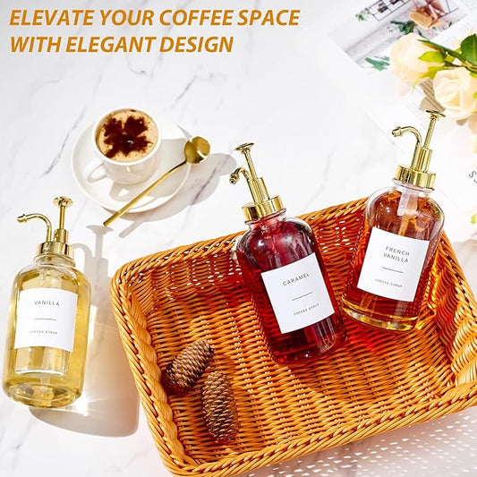 Coffee Syrup Dispenser for Bar, Glass Syrup Bottle with Pump, Coffee Pump Dispenser Bottle with Tray, Spoon for Station,16.9 oz, 500 ml