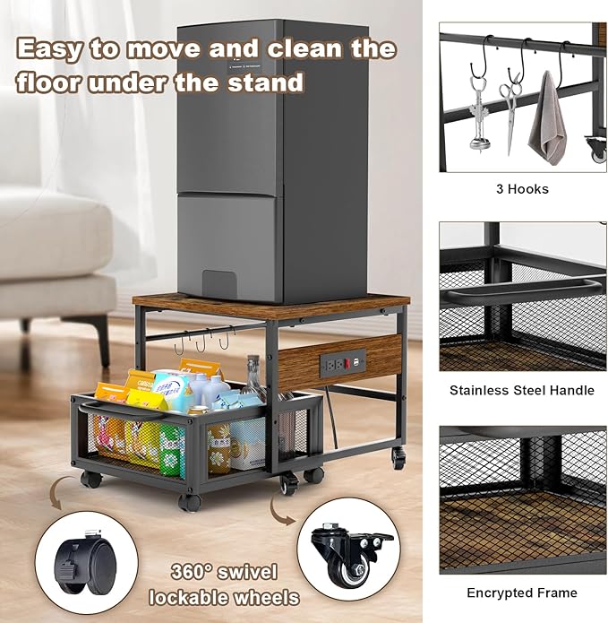 Mini Fridge Stand with Storage and Wheels, Heavy Duty Mini Fridge Table with Power Outlets for 220LBS Refrigerator, Rolling Fridge Cart with Large Capacity Drawer for Dorm,Office,Bedroom (Retro Brown)