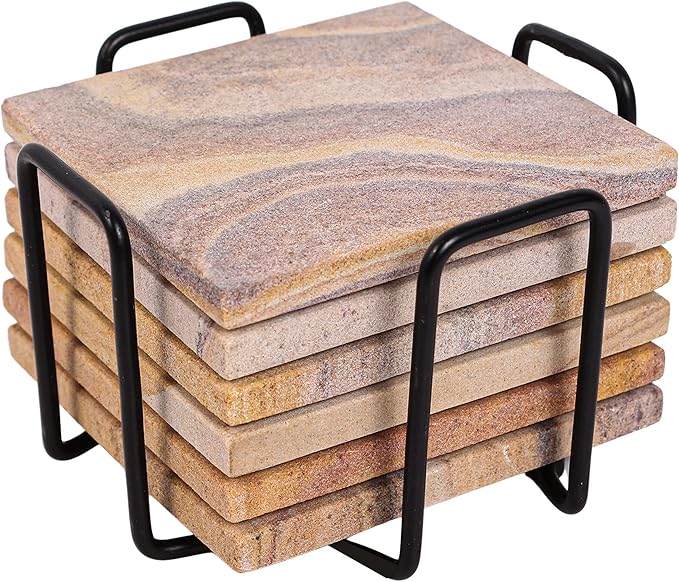 Sandstone Water Absorbent Hand Crafted Square Coasters for Drinks - 4 Inches Wide Thirsty Stone Bar/Drink Coasters- Made from Rainbow Sandstone (Set of 6 with Holder)