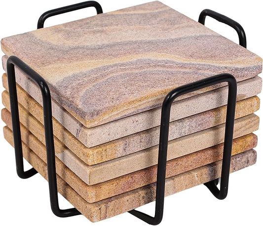 Sandstone Water Absorbent Hand Crafted Square Coasters for Drinks - 4 Inches Wide Thirsty Stone Bar/Drink Coasters- Made from Rainbow Sandstone (Set of 6 with Holder)