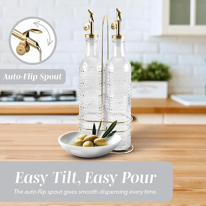 COOK WITH COLOR Glass Olive Oil Dispenser - 2 Pack, 17 oz | Cruet Bottle | Elegant Carafe Decanter with Spout for Kitchen | Suitable for Vinegar, Coffee Syrups & Other Liquids