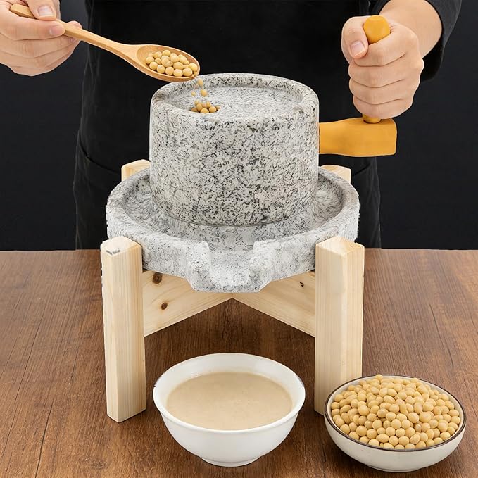 Stone Grain Mill w/Solid Wood Base Stone Grain Mill Grinder for Home - Handmade Traditional Countertop Mill Disc Grainer Mill Hand Crank Food Natural Disk Grinder for flour Spiced Barley Soy Tortillas