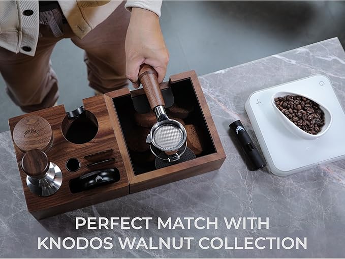Espresso Knock Box and Tamping Station Kit 54mm for Breville Machines Walnut Compact Espresso Setup with Shock-Absorbent Coffee Grounds Dump Bin and Espresso Accessories Organizer