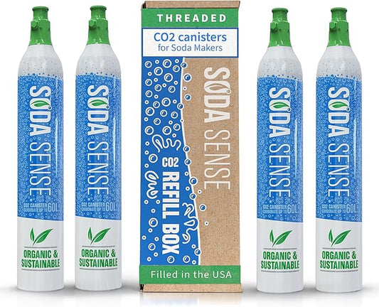 Soda Sense 60L CO2 Exchange Canister - 4 Pack, Threaded Style - Compatible with All 'Screw-In' Soda/Sparkling Water Makers, Including SodaStream BLUE Cylinder Models, Ninja Thirsti, Philips & More