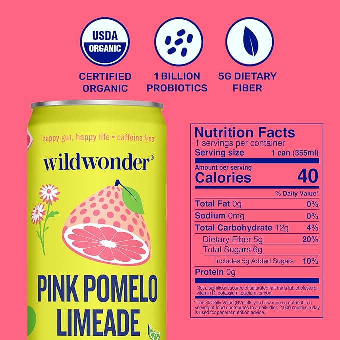 Wildwonder Sparkling Probiotic Drink, Pink Pomelo Limeade, Gluten Free, Vegan, Canned Soda with 5g of Prebiotic Fiber for Digestive & Immune Support, Low Sugar, Caffeine Free, 12 FL OZ Cans, 12 Pack