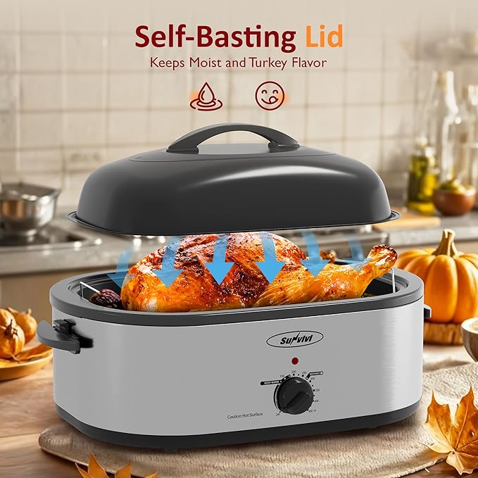 Sunvivi Electric Roaster,20 Quart Roasting Oven with Self-Basting Lid Removable Pan,Turkey Roaster Oven with 150 to 450F Temperature Control Cool-Touch Handles,Silver
