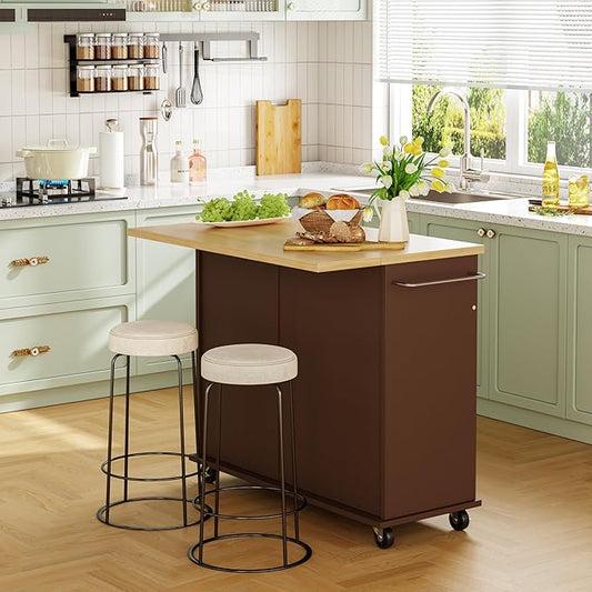 JY QAQA 39" Kitchen Island on Wheels with Storage Cabinet Kitchen Cart Cabinet with Shelves, Cart Handle for Towel Rack or Free Mobility, Portable Islands for Kitchen, Brown