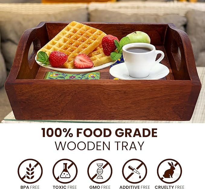 Craft Trade Mango Wood Serving Tray with Handle and 4 Fitted Floral Ceramic Tiles Wooden Platters Perfect for Breakfast Tea Coffee Snacks Dinner 23x23x8 cm Square