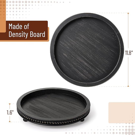Bamboo Land- Round Decorative Trays for Coffee Table, 12", Black, Wood Tripod & Beaded Design, Wooden Round Tray for Coffee Table