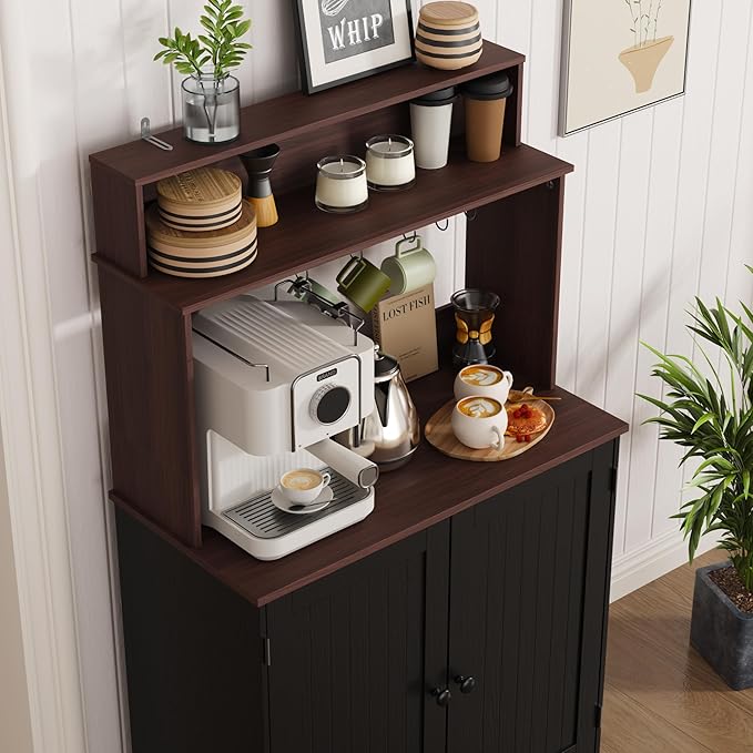 MHOM Farmhouse Coffee Bar Cabinet with Storage, Rustic Buffet Cabinet with 5 Hooks, Small Coffee Station Cabinet for Kitchen & Dining Room, Antique Black