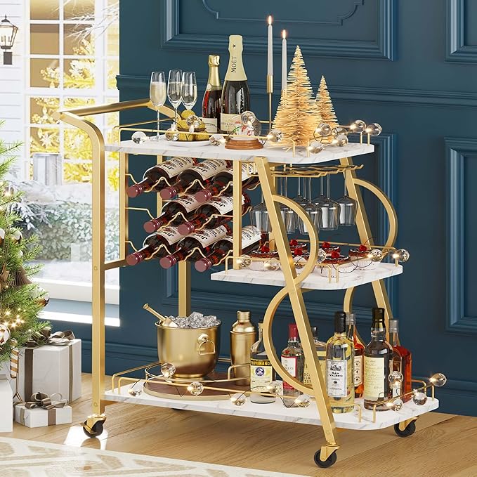 Bar Cart, Gold Bar Carts for The Home, Serving Cart with Wine Glass Holder, 3-Tier Drink Carts with Wheels, Rolling Beverage Trolley for Kitchen, Dining, Living Room (Gold & Marbleized White)