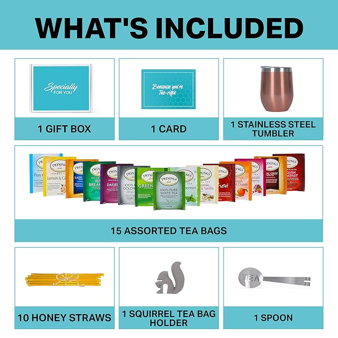 Modern Elegance Tea Tumbler Gift Set – Includes Tea Bag Holder, Spoon, Honey Straw, 15 Assorted Flavor Blends & Hot & Cold 12oz Insulated Tumbler – Ideal for Holiday Gift for Tea Lovers – Rose Gold