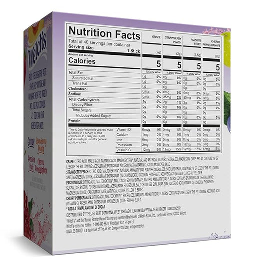 Welch's Singles To Go Variety Pack, Watertok Powdered Drink Mix, Includes 4 Flavors, Grape, Passion fruit, Strawberry Peach, Cherry Pomegranate, 1 Box (40 Servings) (Pack of 2)