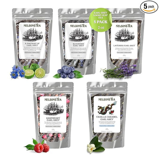 Nelson's Tea Earl Grey Sampler Pack Tea - Loose Leaf Tea Sampler - A Portrait of Earl Grey, Blueberry EarlGrey, Lavender EarlGrey, Raspberry Earl'Grey, Vanilla Caramel Earl'Grey - 2 Oz Sizes