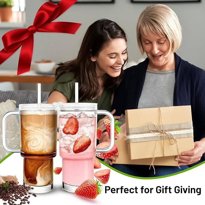 28oz Glass Coffee Cups with Lids and Straw,2 Pack Glass Tumbler with Handle for Cold & Hot Drinks Wide Mouth Travel Mug for Smoothies,Beer,Tea,Juice and Iced Coffee Cups with Lids and Straw